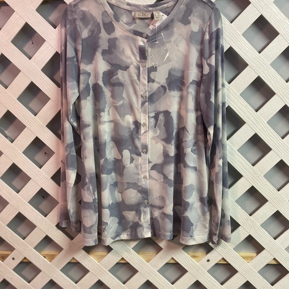 LOGO Layers by L Goldstein  Watercolor Printed Mesh Button Cardigan Pearl Small - Picture 2 of 4